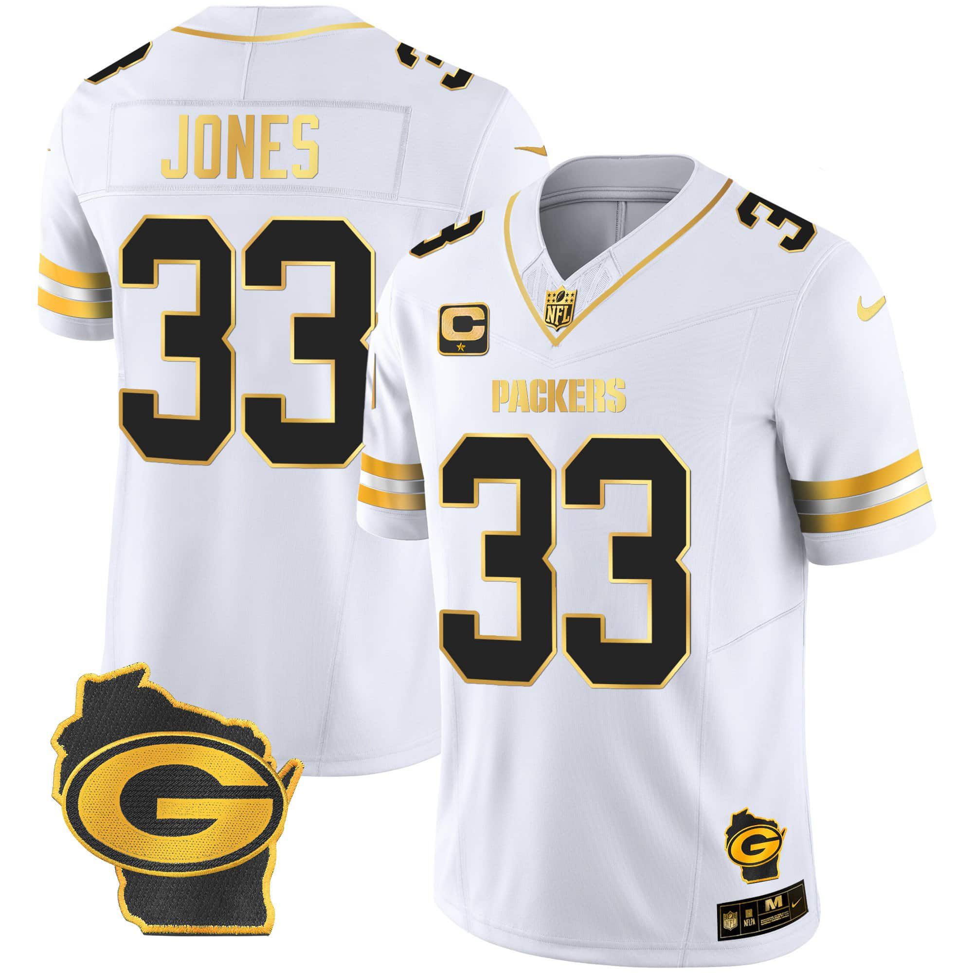Men Green Bay Packers 33 Jones White Gold 2024 Nike Home Patch Vapor NFL Jersey